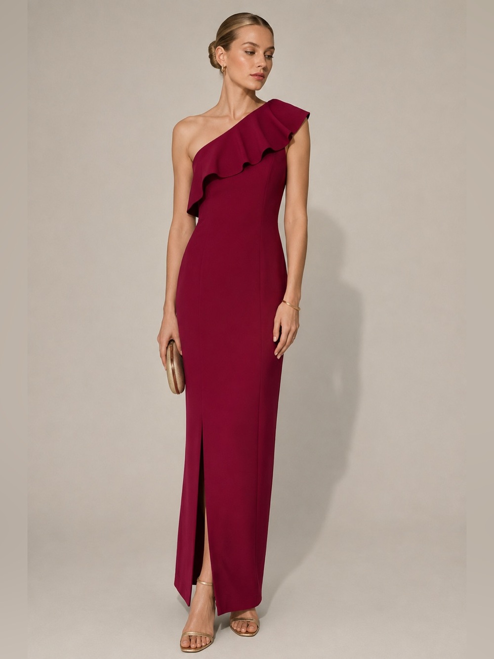 Calvin Klein One Shoulder Ruffle Gown Maxi Dress Red Mauve Event Wedding Guest 6 - Picture 2 of 7